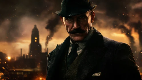 Victorian-era detective stands amid burning industrial skyline.