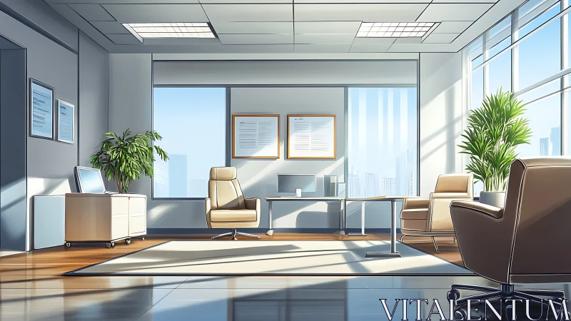 Modern corner executive office with bright natural light.