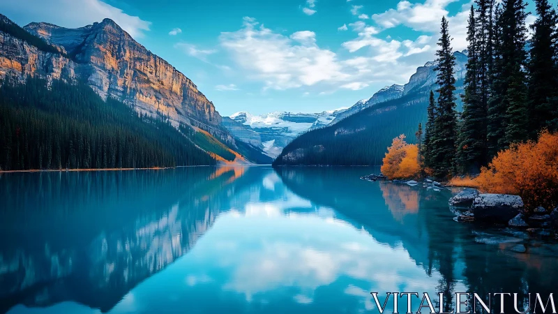 Mirrorblue glacier lake cradled by blazing autumn evergreens.