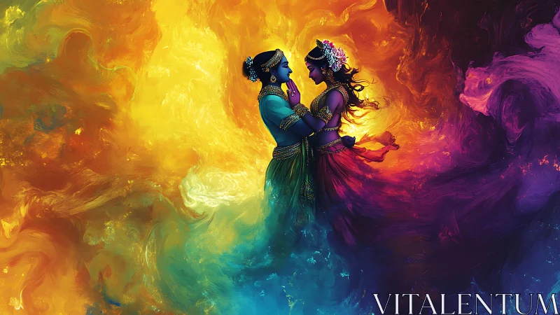 Radiant divine lovers surrounded by swirling cosmic colors.