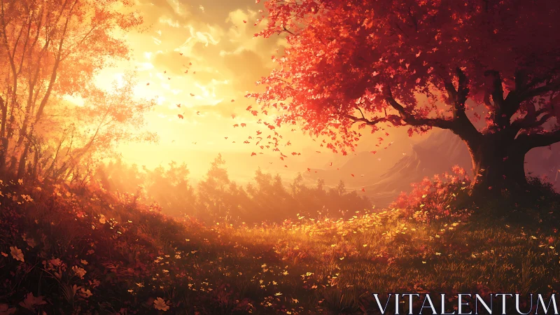 Golden autumn meadow under a glowing, gentle sunset sky.