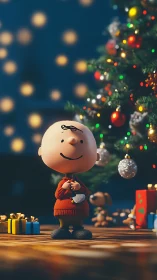 Cartoon child stands before decorated tree in soft focus