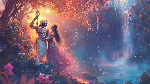 Mythic couple stands in glowing forest beside misty waterfall