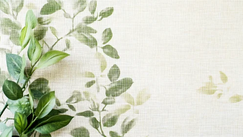Green leafy branch against patterned fabric background.
