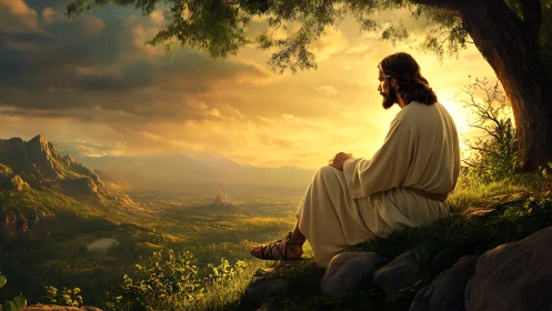 Serene figure in white robe contemplates a golden valley at dawn