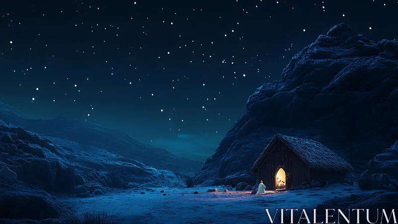 Silent nativity shelter glows beneath a vast winter night sky
