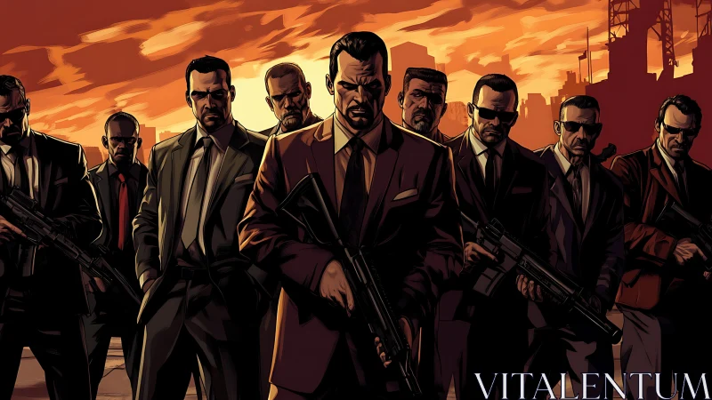 Determined crew strides forward under a burning city sky.