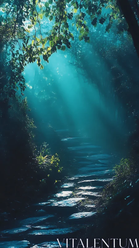 Luminous Forest Stream Passage Through Verdant Canopy.