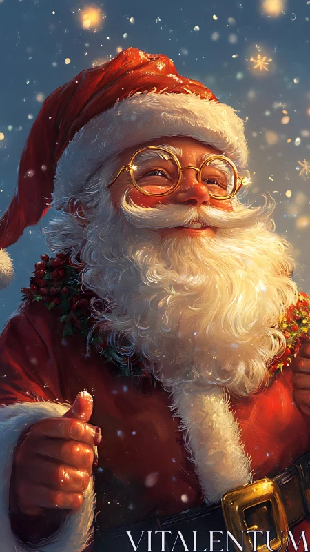 Digital painting portrait of classic Santa in festive snowfall.