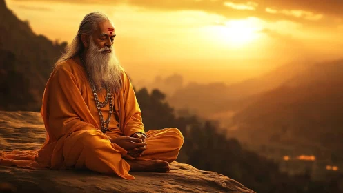 Meditative sage rests in golden sunset over misty hills.