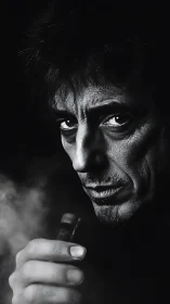 Monochrome close-up of male face with pipe in shadow.