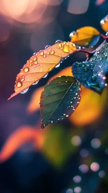 Macro shot records water droplets on colorful backlit leaves