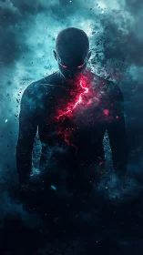 Dark cosmic entity radiates red core energy. Period.