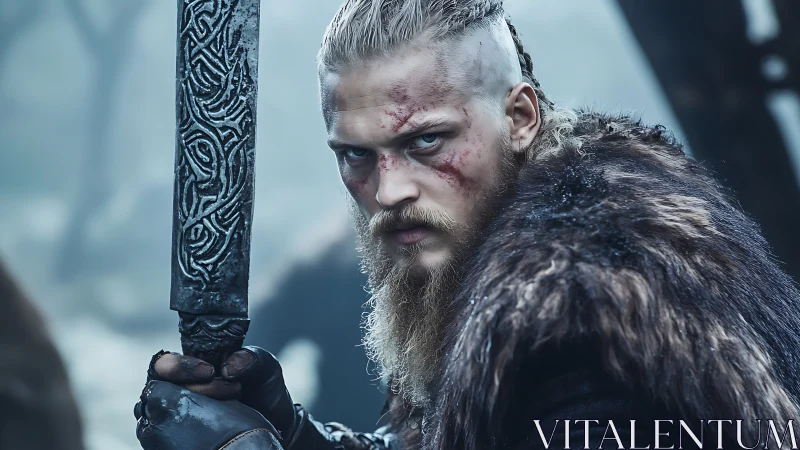 Battle-worn Viking warrior holding engraved sword in snow.