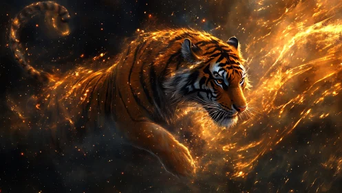 Starlit cosmic tiger running through rivers of living flame.