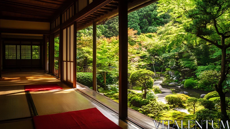 Sunlit tatami corridor opening onto a whispering zen garden.