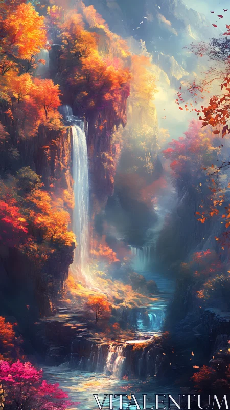 Tiered waterfall in forested canyon with autumn foliage.