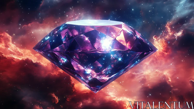 Cosmic amethyst diamond floats within glowing nebula clouds.