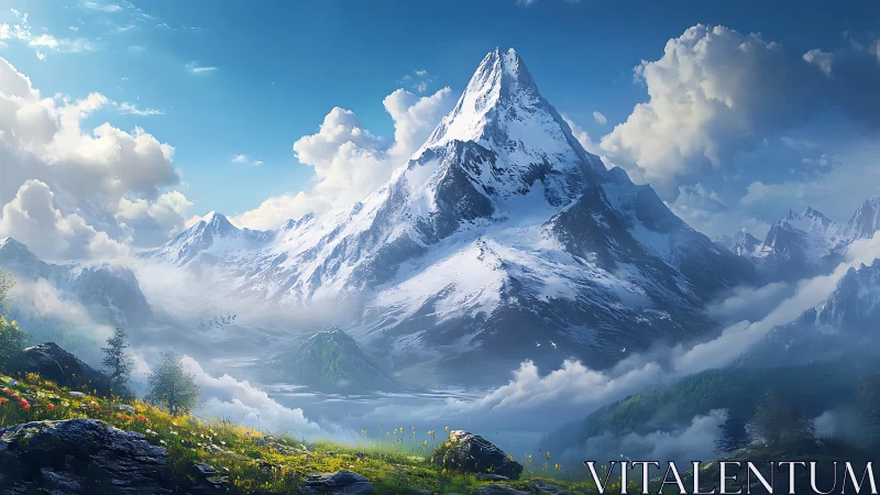 Sunlit alpine peak above wildflower valley and drifting mist.