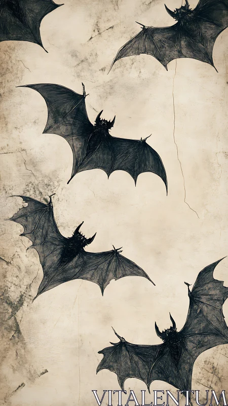Dark ink bats glide over cracked parchment sky