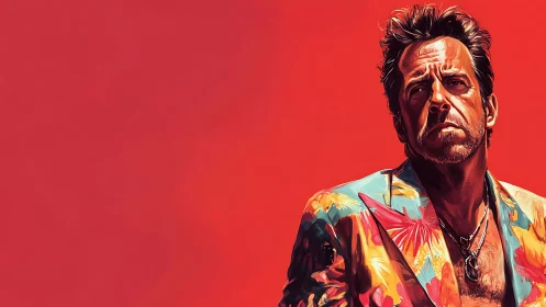 Man in bold floral jacket against vivid red background.