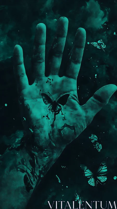 Surreal teal hand study with emergent butterflies in motion.