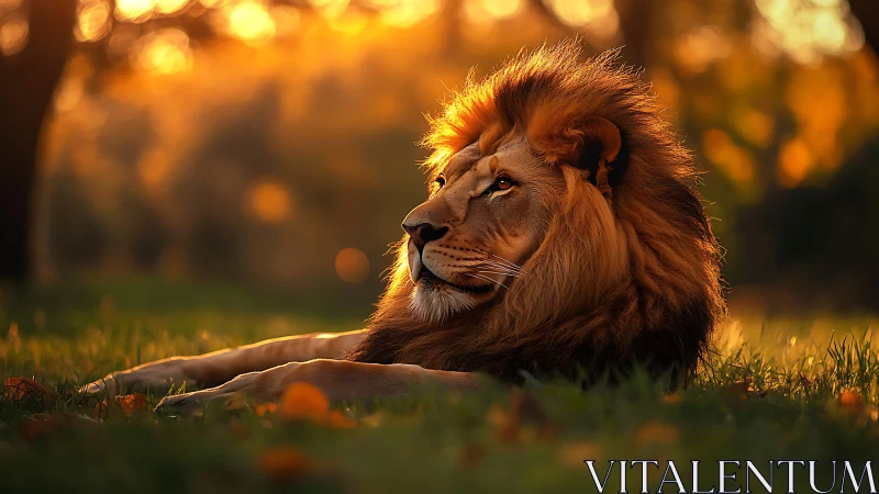 Backlit male lion in shallow depth of field sunset grassland