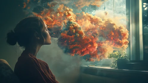 Young daydreamer exhaling glowing clouds of imagination.