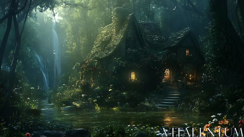 Forest cottage beside stream with waterfall at twilight.