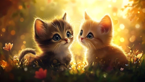 Two Adorable Kittens Meeting in a Sunlit Garden Paradise.