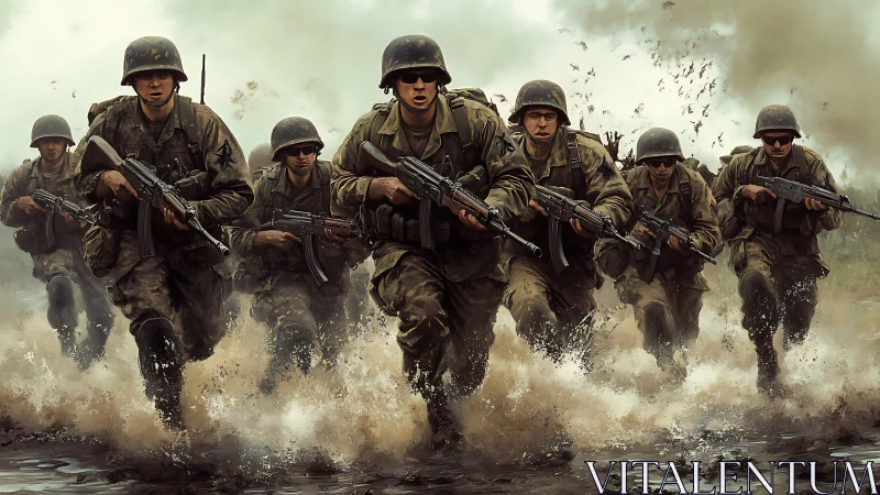 Photorealistic infantry assault in dynamic frontal formation.