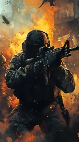 Tactical soldier advances through blazing battlefield fire.