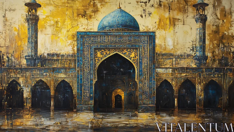 Textured blue-domed mosque facade with gold impasto illumination