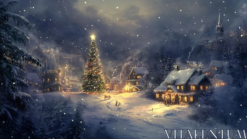 Nocturnal alpine village with illuminated central fir tree.