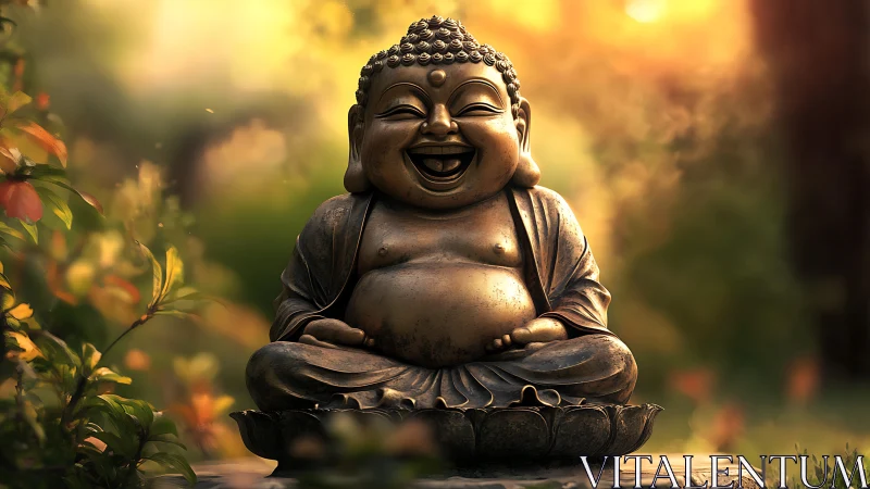 Laughing Buddha statue glows in warm sunset garden light.