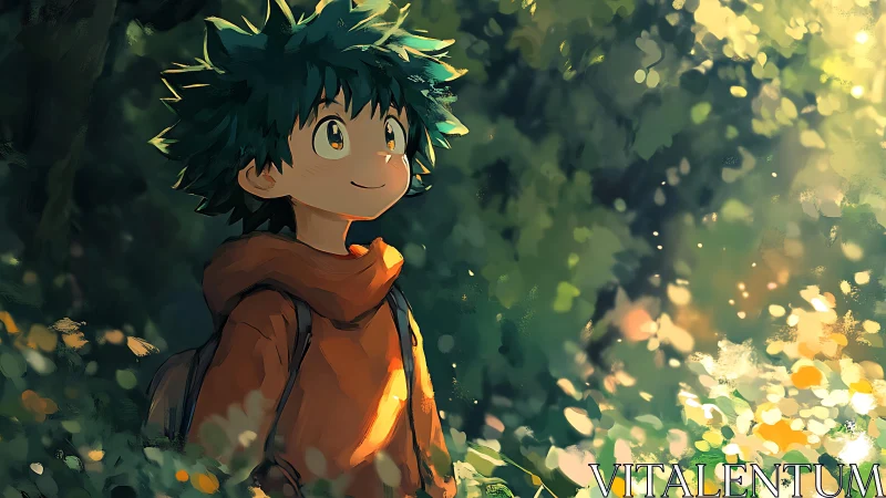 Youthful forest wanderer in dappled afternoon light.