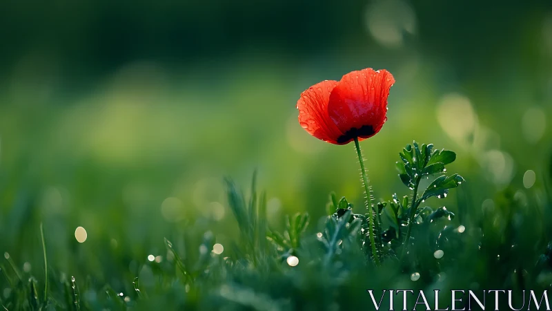 Red poppy flower stands in shallow-focus green grass field