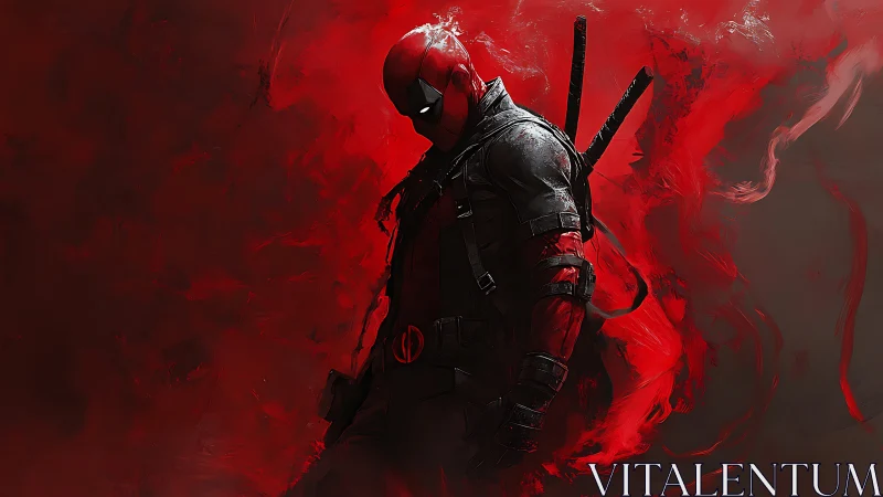 Digital painting of masked antihero in red kinetic haze.