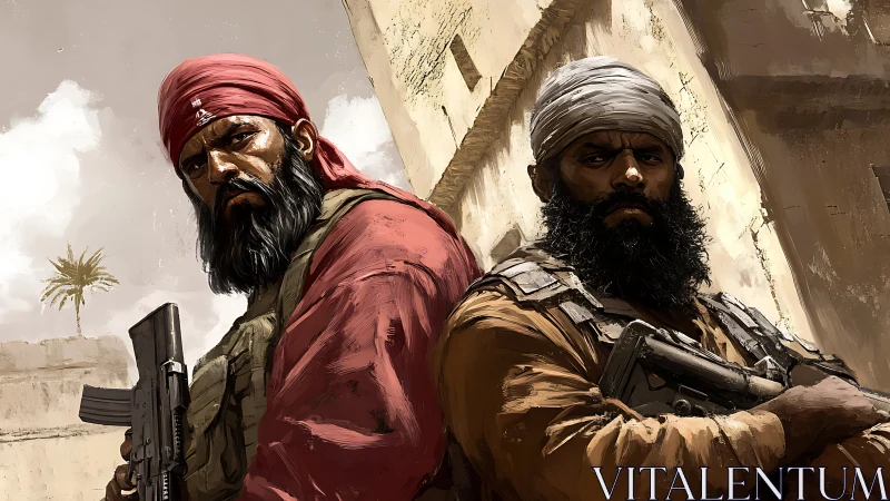 Armed warriors stand guard in sunlit desert alleyway.