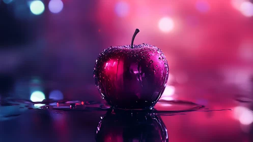 Single wet apple with neon reflections on reflective surface.