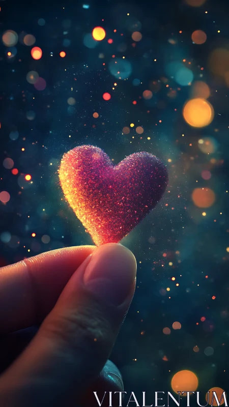 Particulate heart form held on fingertip with bokeh lighting environment