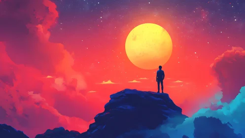 Lone figure atop vivid summit under oversized sun.