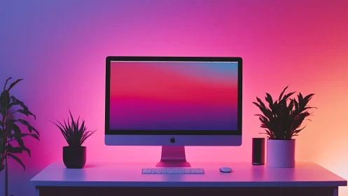 Desktop computer monitor is centered between two potted plants