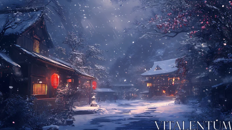 Snow-covered Japanese street with lantern-lit timber houses at dusk