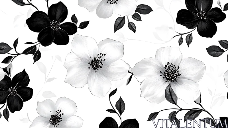 Black and White Floral Pattern. Contrasting Botanical Design.