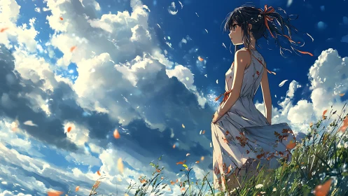 Wind-swept anime girl on hillside under cumulus cloudscape