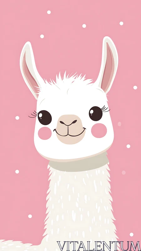 Smiling white llama portrait against soft pink dotted background