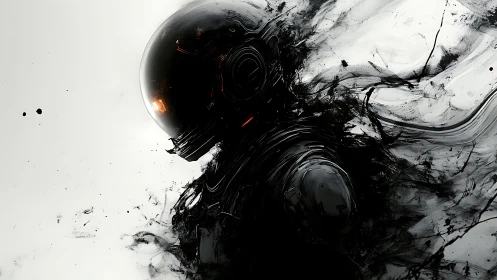 Astronaut silhouette dissolving into monochrome ink vortices