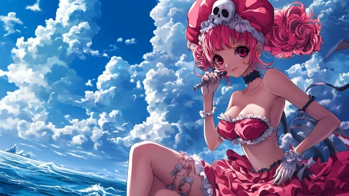 Pink haired anime girl in frilled outfit posed by the sea