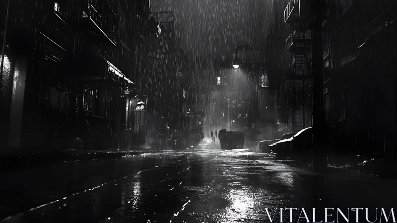 Rain-drenched city alley glows under stark streetlights.